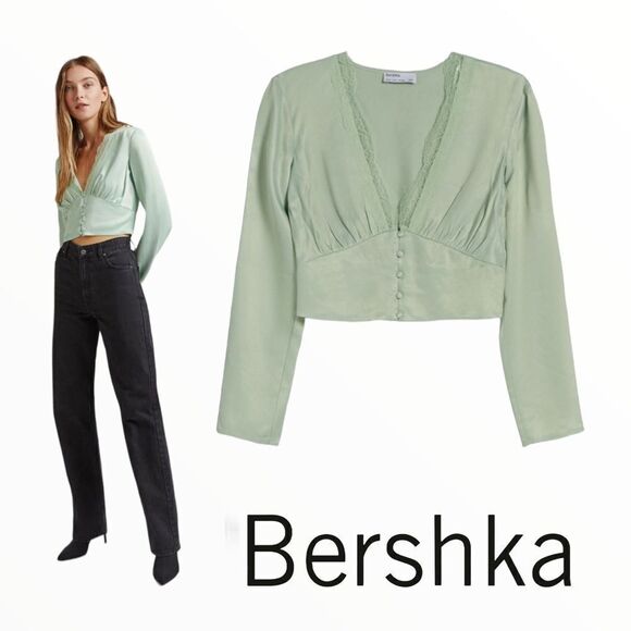 BERSHKA | Mint | Long sleeve satin-finish BLOUSE with BLONDE LACE neckline - Picture 1 of 12